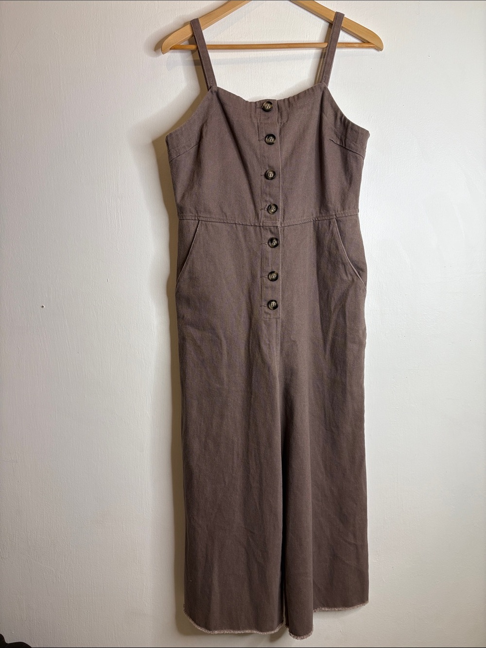 Wishlist Brown/Mauve Button-Front Wide-Leg Pocketed Jumpsuit